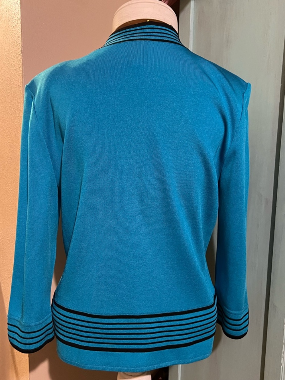 VTG Toula Blue Black Knit Open Front Cardigan Sweater jacket Size XS Academia - Picture 6 of 13